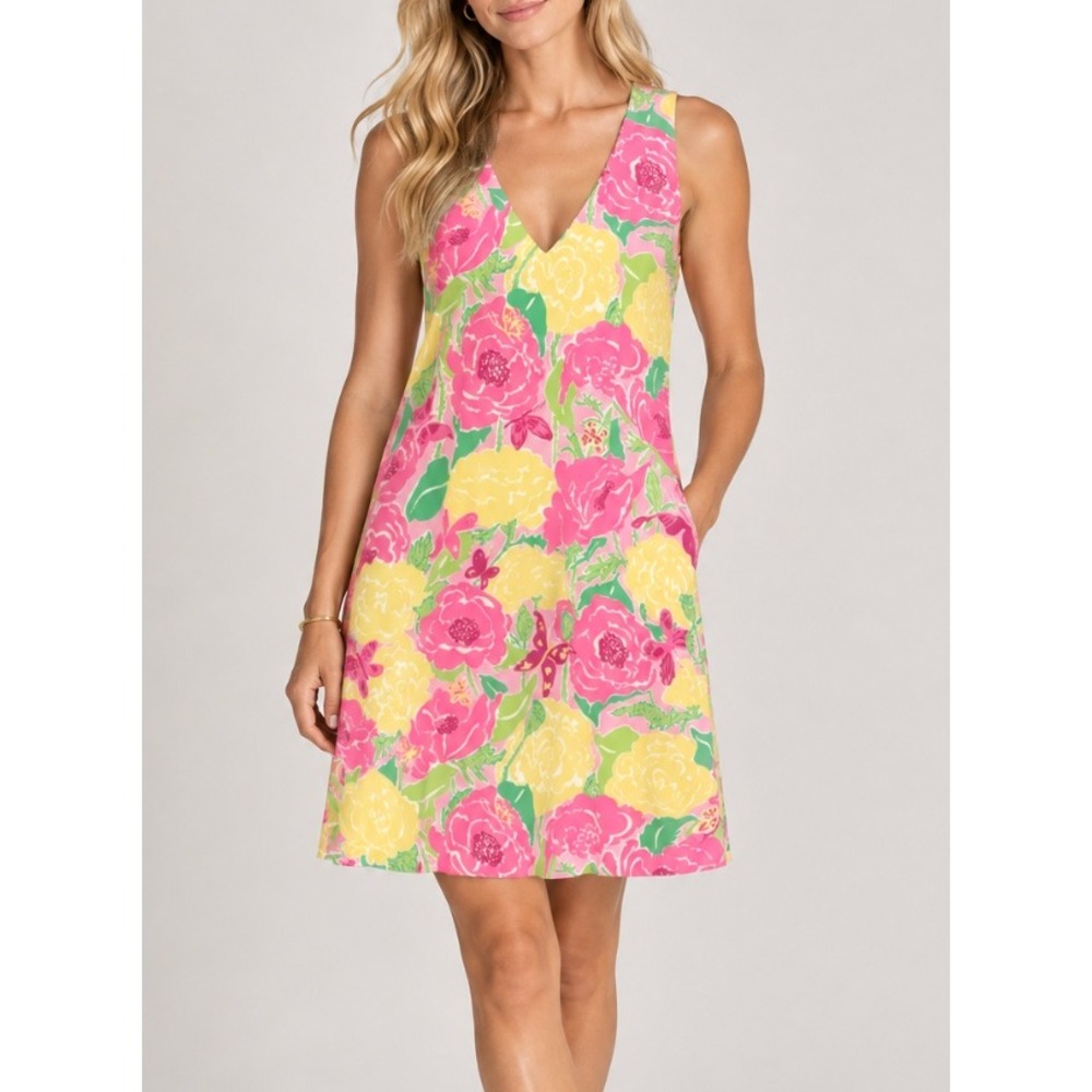 Vtg Lilly Pulitzer Silk Floral Butterfly V Neck Sleeveless Dress Pink Yellow 6